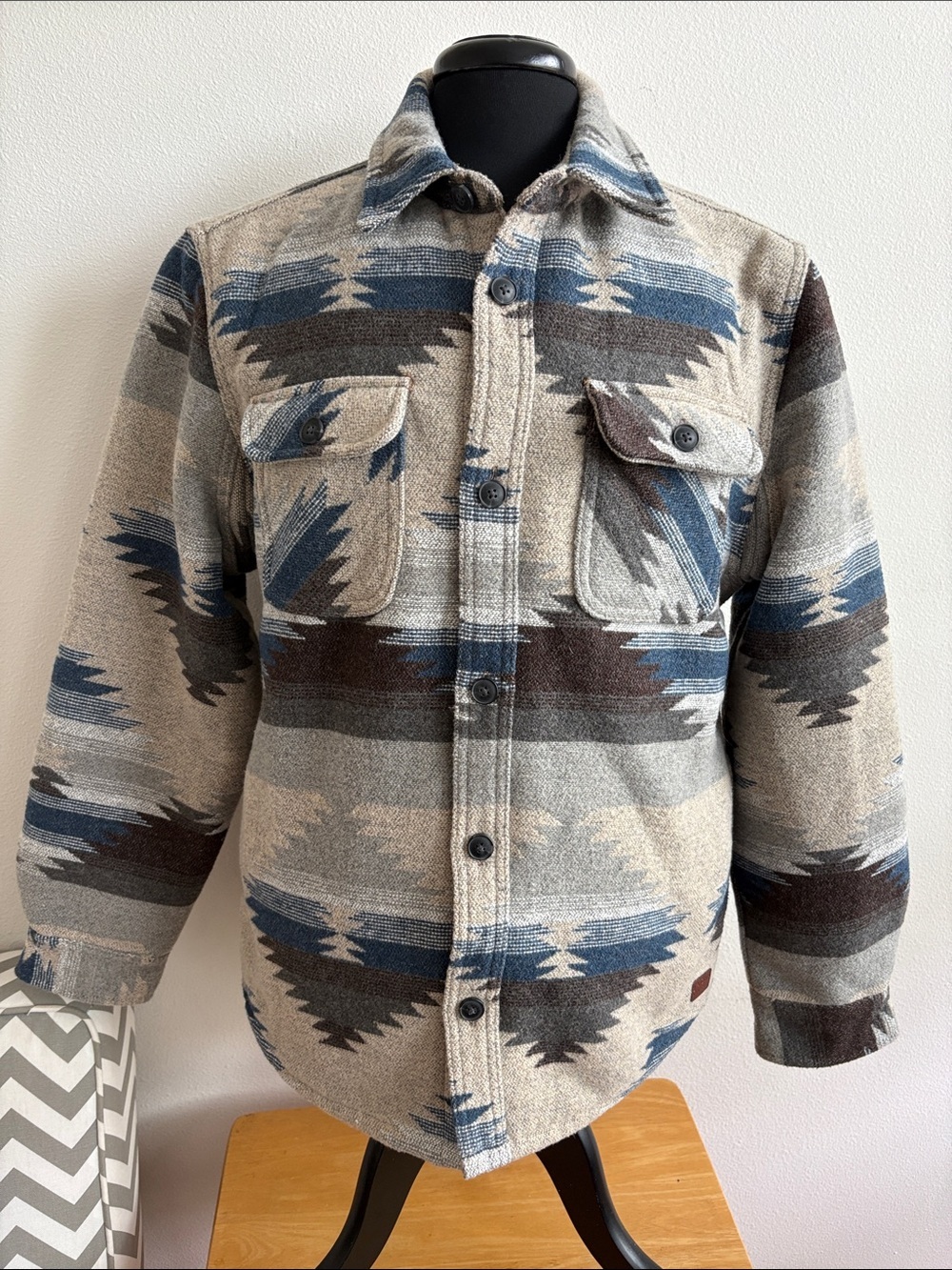 Jachs Men's Patterned Wool-Blend Shacket in Beige and Blue Size Medium